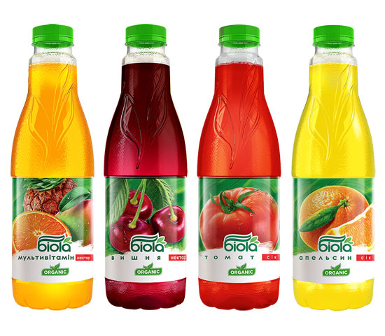 “Biola” juices. New label design. 2014 year. “Multivitamin”, “Cherry”, “Tomato” and “Orange”