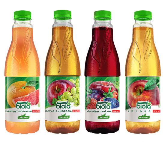 “Biola” juices. New label design. 2014 year. “Grapefruit–Orange”, “Apple–Grape”, “Fruit–Berry Mix” and “Apple”