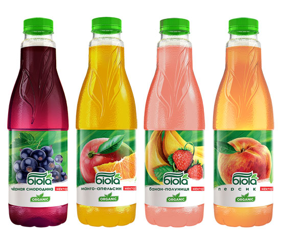 “Biola” juices. New label design. 2014 year. “Black Currant”, “Mango–Orange”, “Banana–Strawberry” and “Peach”