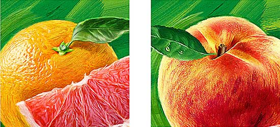 “Biola” juices. 2014 year. Illustrations. “Grapefruit–Orange”, “Peach”